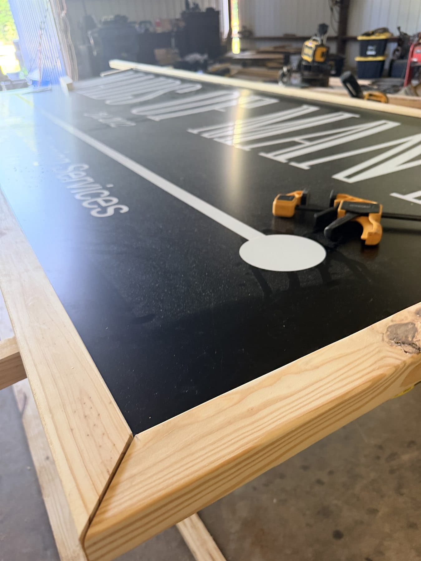 Commercial sign frame detail prepared in Alpha shop