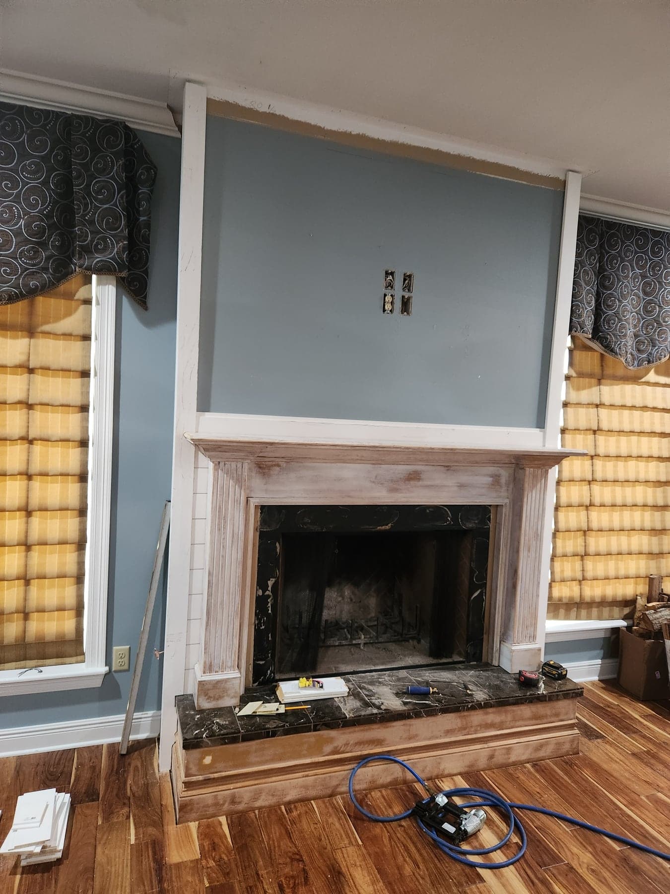Fireplace remodel before shiplap and finish work